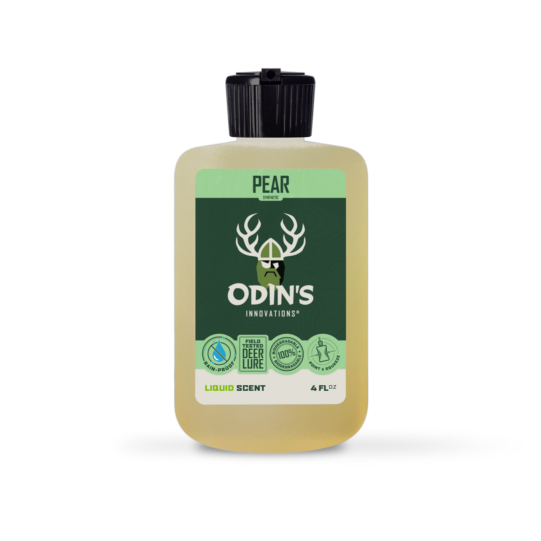 Odin’s Pear Deer Attractant & Cover Scent – Liquid, 7-day rainproof synthetic pear aroma for deer, hogs, and bears