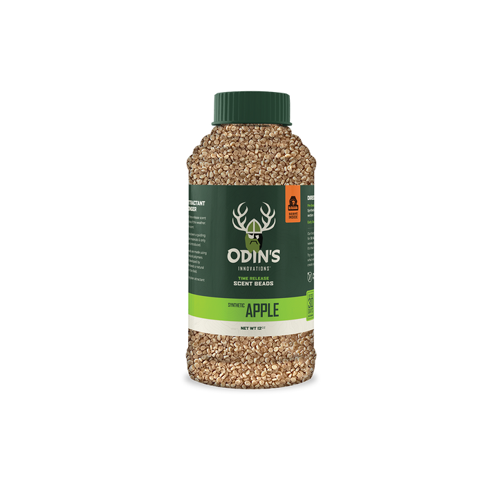 Odin’s 12 oz Apple Deer Scent Beads – long-lasting synthetic apple attractant that draws deer with natural fruit aroma