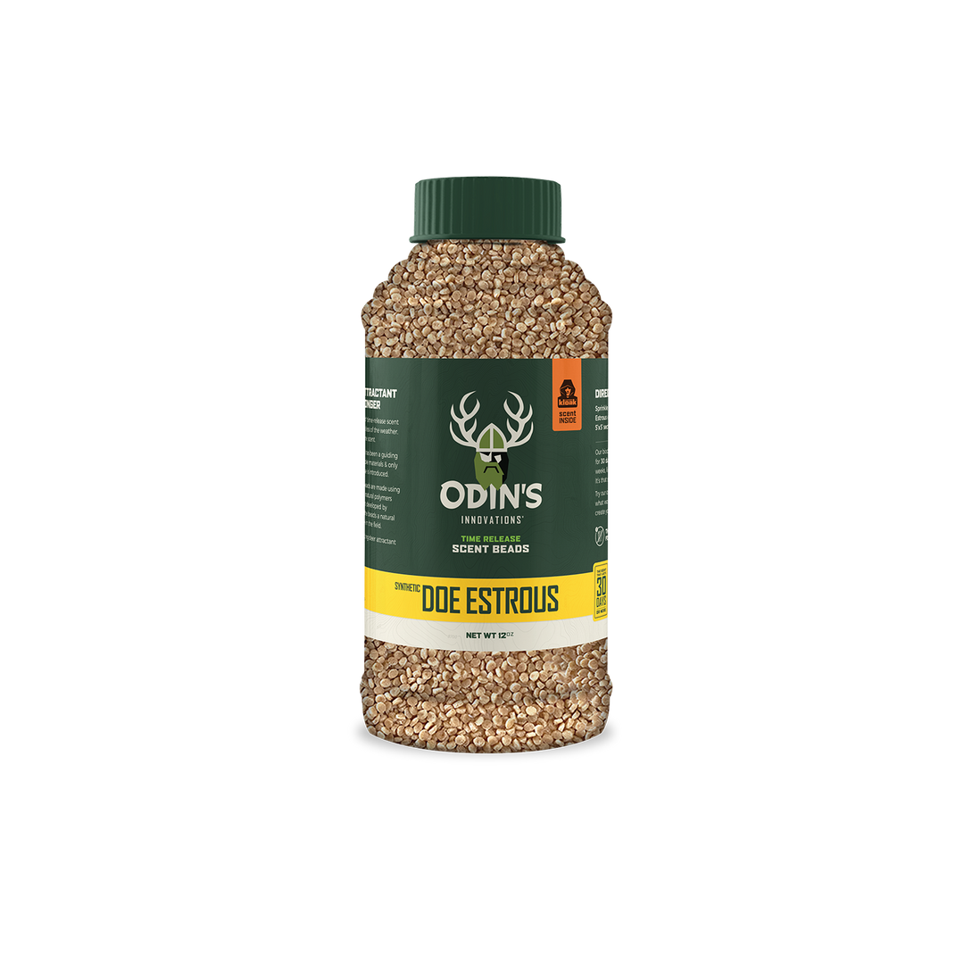 Odin’s 12 oz Doe Estrus Scent Beads – long-lasting synthetic estrus lure that consistently draws bucks during peak rut
