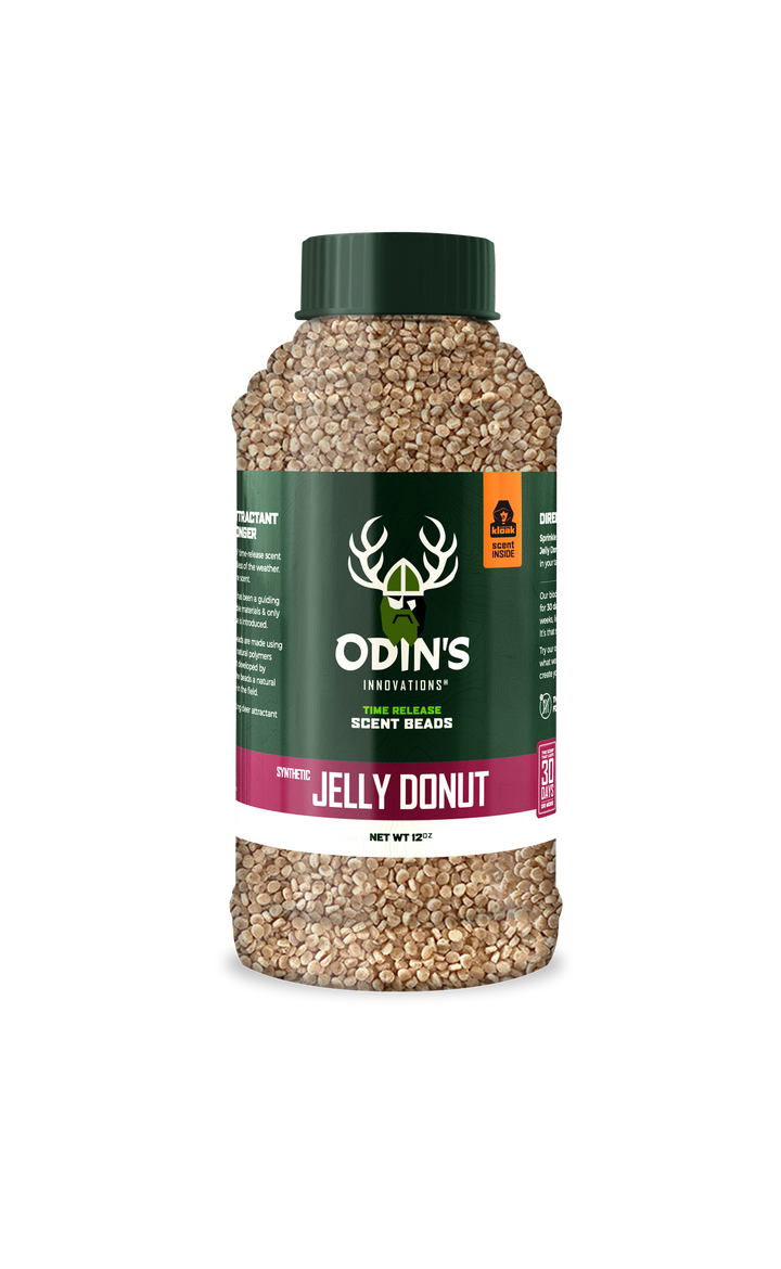 Odin’s 12 oz Jelly Donut Scent Beads – long-lasting synthetic jelly donut scent proven to lure game back repeatedly