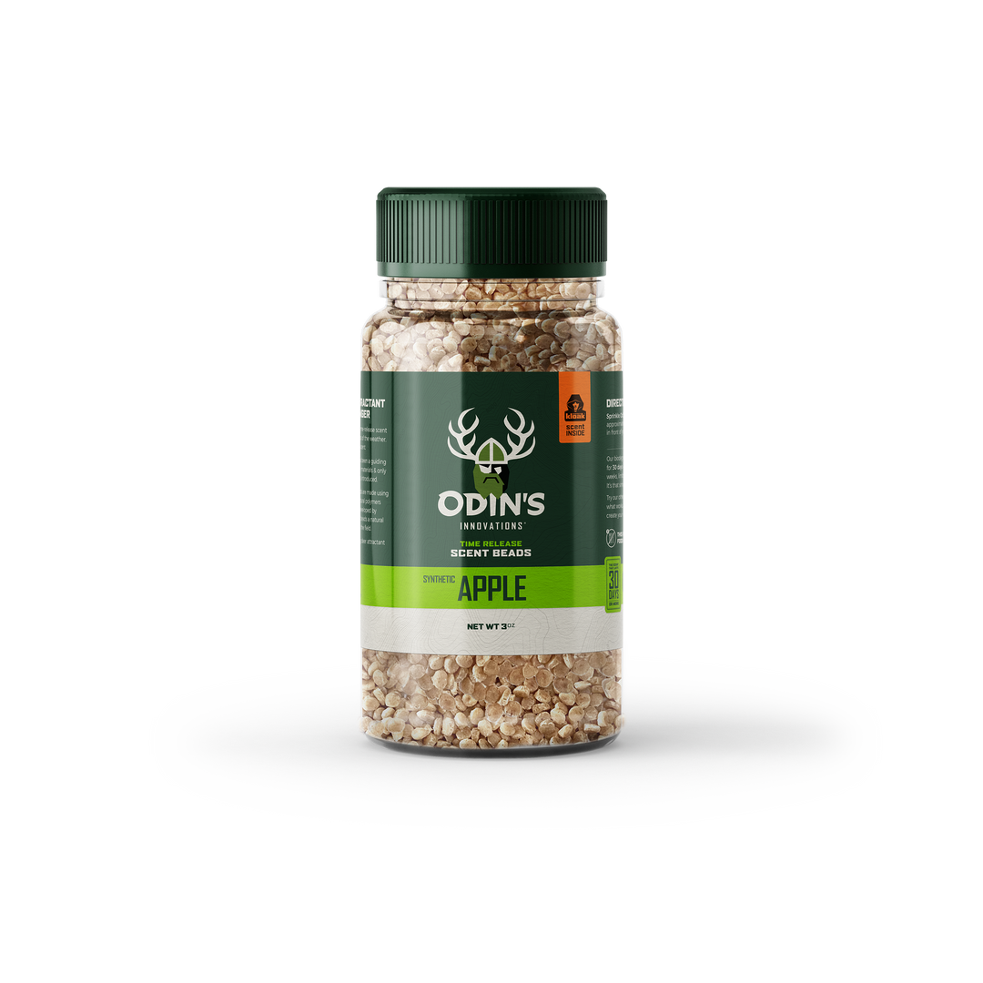 Odin’s 3 oz Apple Deer Scent Beads – synthetic sweet apple attractant to lure deer in hunting zones
