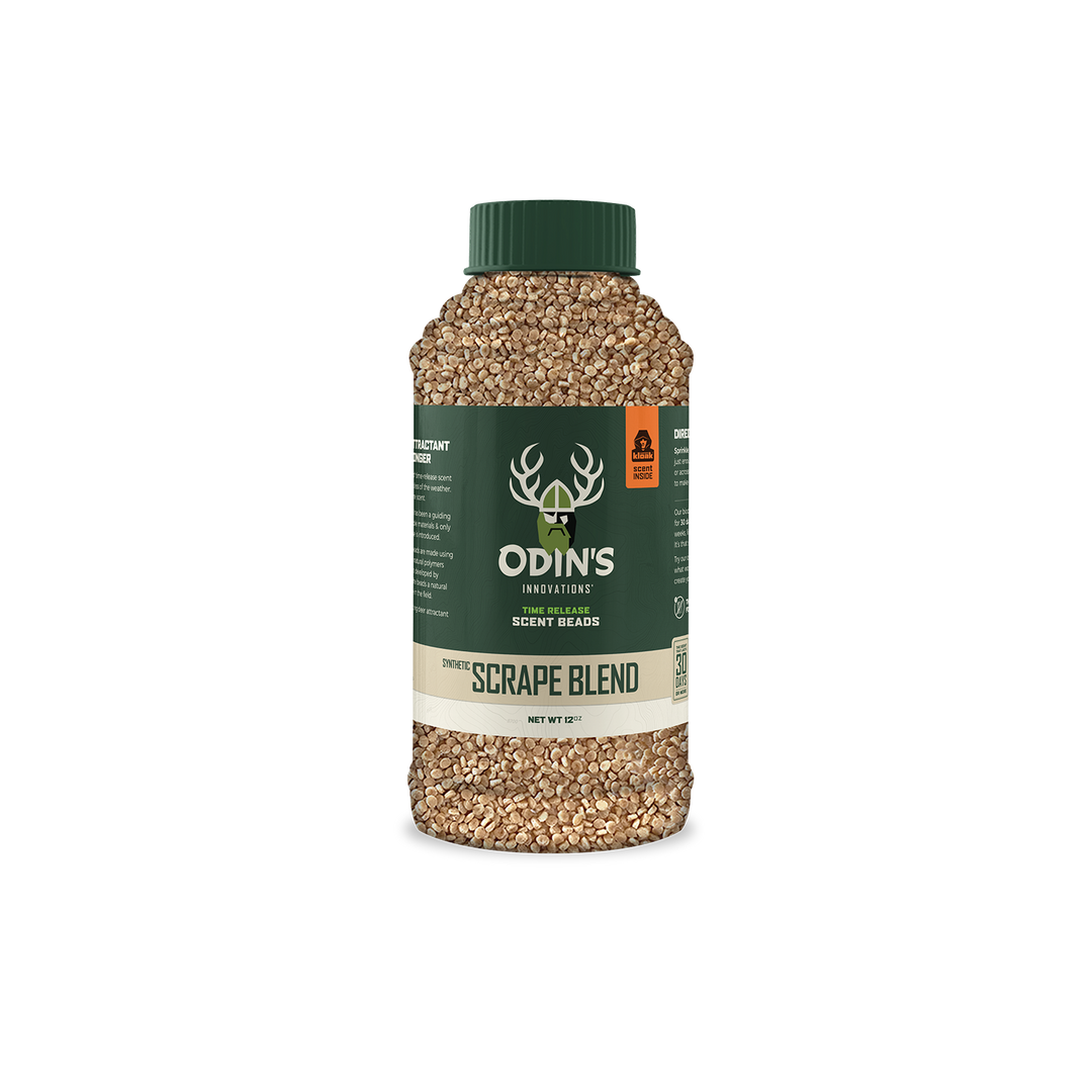 Odin’s 12 oz Scrape Blend Scent Beads – long-lasting synthetic rut blend to maintain active scrapes during pre-rut bow season and rut